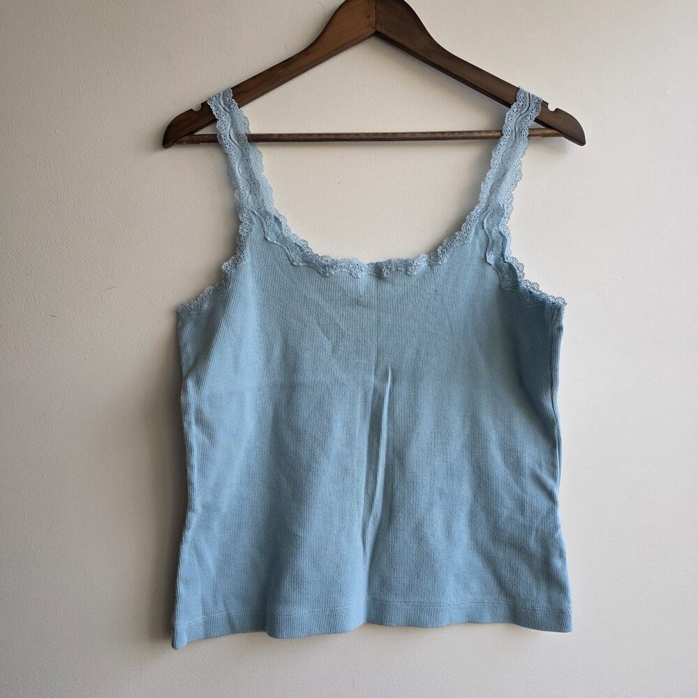 VTG Y2K Coldwater Creek Bany Blue‎ Lace Tank Top Large Coquette Festival Ribbed